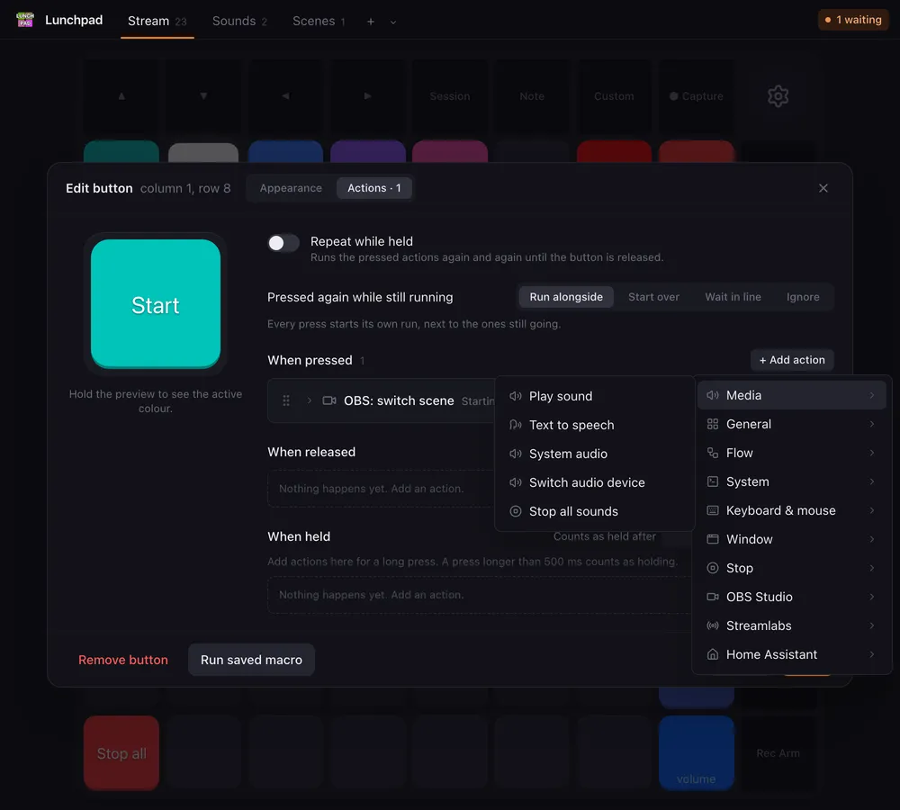 The Add action menu of the button editor with the Media submenu open: Play sound, Text to speech, System audio, Switch audio device, Stop all sounds