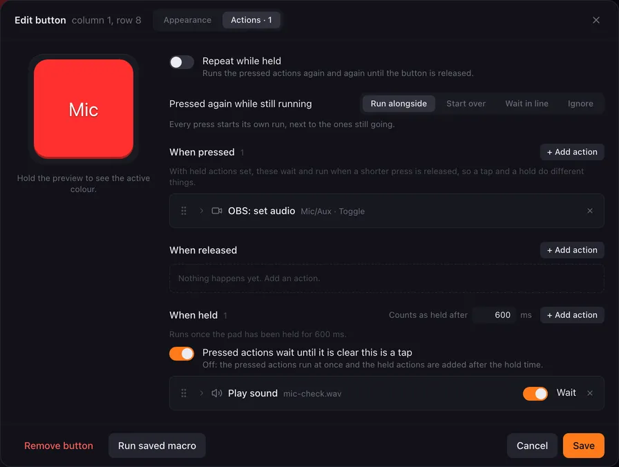 The Actions tab of a Mic button: pressing it toggles the OBS microphone mute, and a held action plays a sound.
