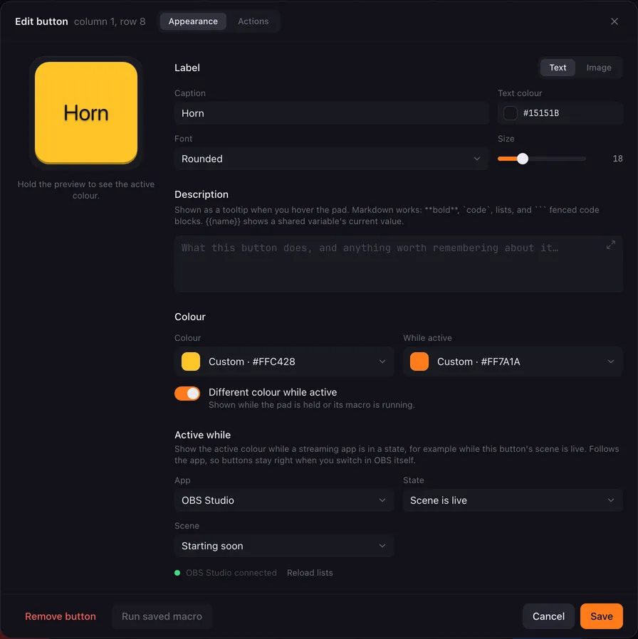 The Appearance tab of the button editor for a Horn button.