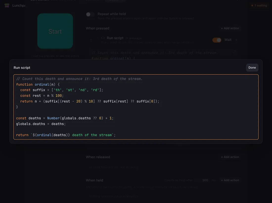 The script editor filling the window: coloured JavaScript with a helper function, and a Done button in the corner.