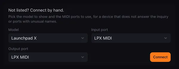 The Connect by hand box in the device list: a Model dropdown, an Input port and an Output port dropdown listing every MIDI port, and a Connect button.