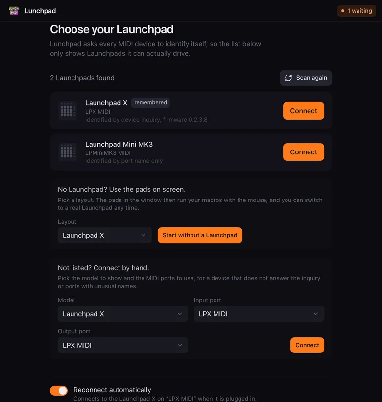 First launch: a Launchpad X and a Launchpad Mini MK3 found, with the option to start without a Launchpad.