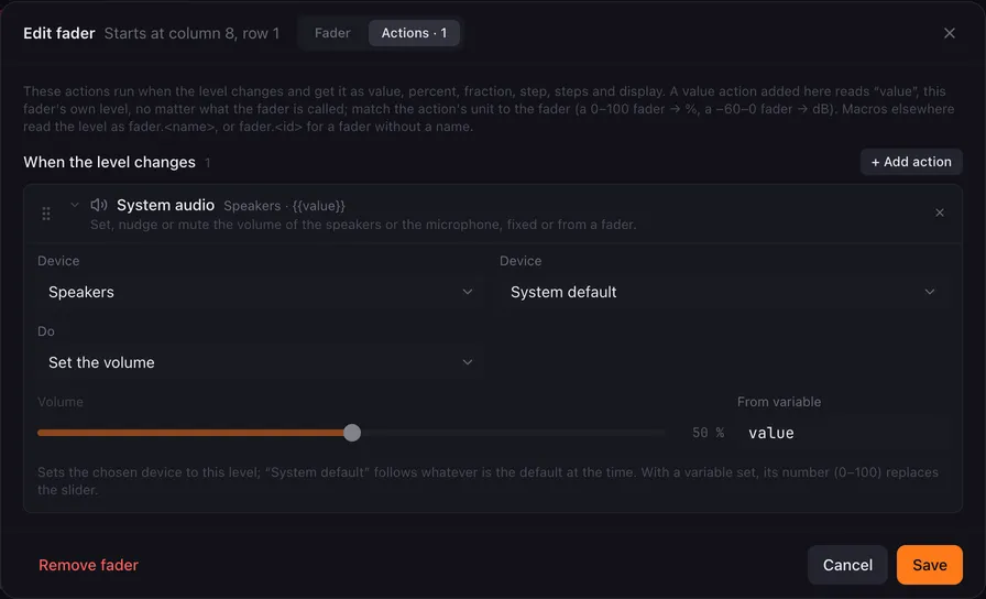 The Actions tab of the fader editor: a hint about the fader's variables and the list When the level changes with a System audio action that sets the speakers from the variable value