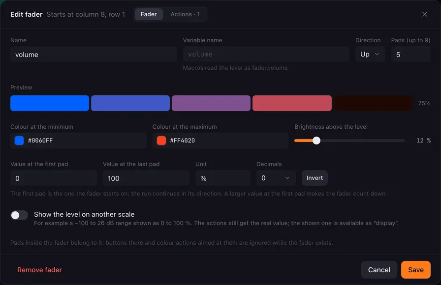The Fader tab of the fader editor for the volume fader: name, direction, pads, a preview of the pad colours, the two colours, brightness above the level, minimum, maximum, unit and decimals