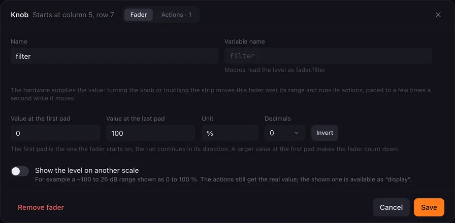 The fader editor opened for a knob: the title Knob, a Name and Variable name field, the range fields with the Invert button, and a note that the hardware supplies the value.