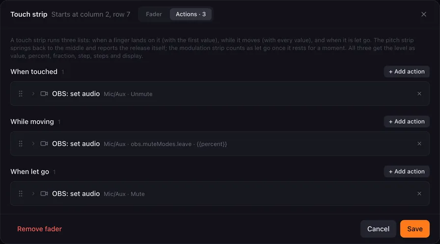 The Actions tab of a fader on a touch strip: the three lists When touched, While moving and When let go, with an OBS audio action in each.