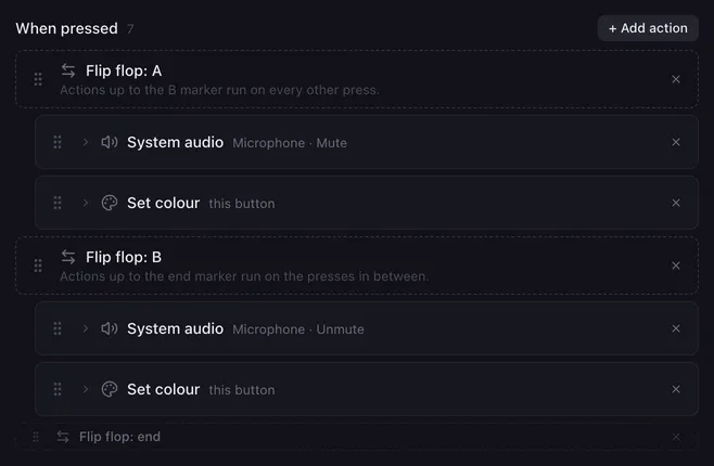 Flip flop with side A muting the microphone through System audio and setting the pad colour, side B unmuting it and setting another colour, then Flip flop: end
