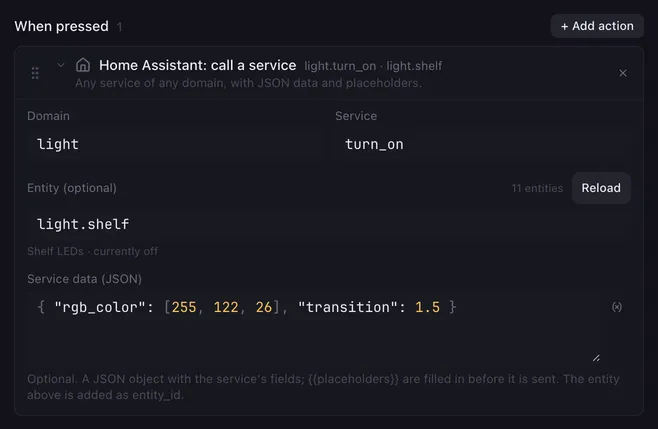 Home Assistant: call a service with Domain light, Service turn_on, Entity light.shelf and the service data { "rgb_color": [255, 122, 26], "transition": 1.5 }