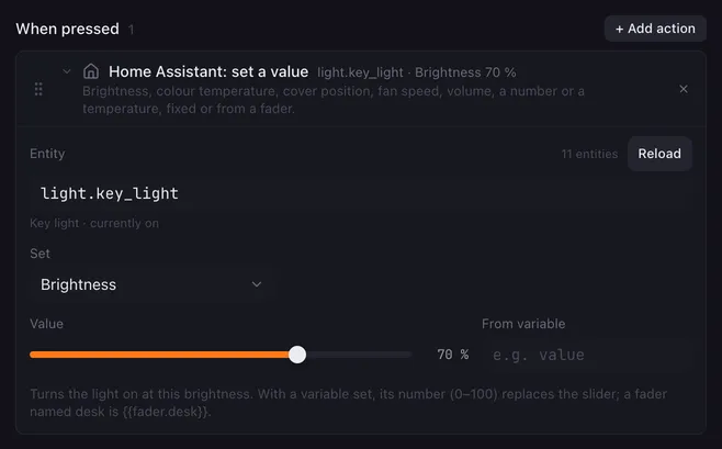 Home Assistant: set a value with the entity light.key_light, Set Brightness and the value slider at 70 %, an empty From variable field and the hint for brightness