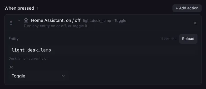 Home Assistant: on / off with the entity light.desk_lamp, shown below the field as Desk lamp, currently on, and Do set to Toggle