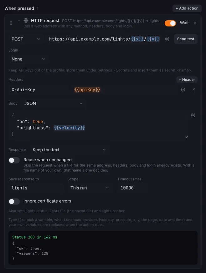 HTTP request: POST to https://api.example.com/lights/{{x}}/{{y}} with the header X-Api-Key {{apiKey}} and a JSON body containing {{velocity}}. The response is saved to the variable lights. Below, the Send test result reads Status 200 in 142 ms.