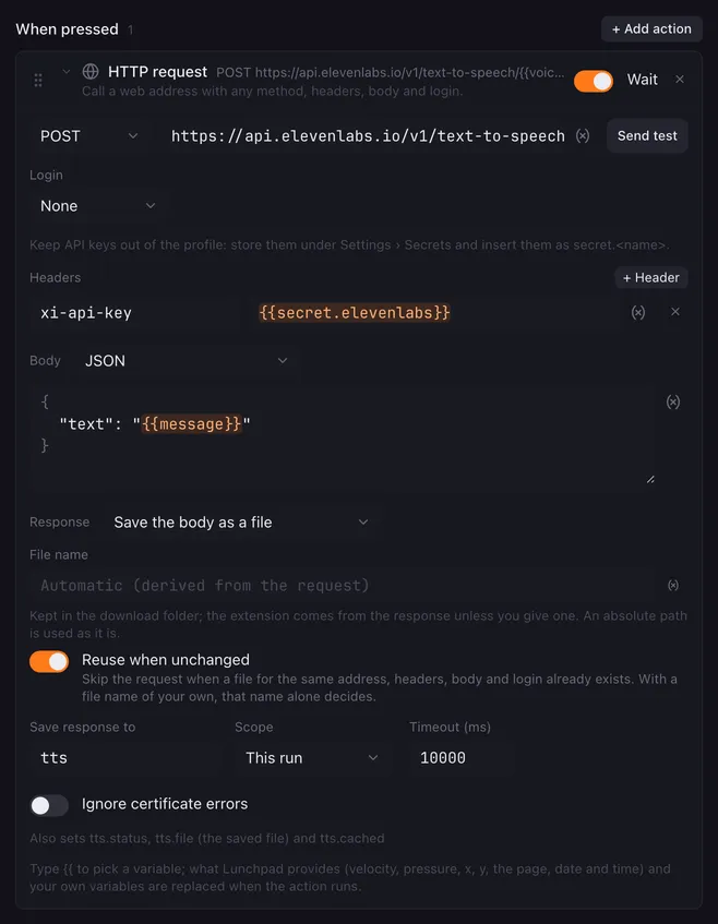 An HTTP request to a text-to-speech service with the header xi-api-key set to a secret, Response set to Save the body as a file, an automatic file name, and Reuse when unchanged switched on.