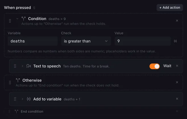 Condition checking whether deaths is greater than 9, followed by Text to speech Ten deaths. Time for a break., then Otherwise with Add to variable deaths plus 1, then End condition