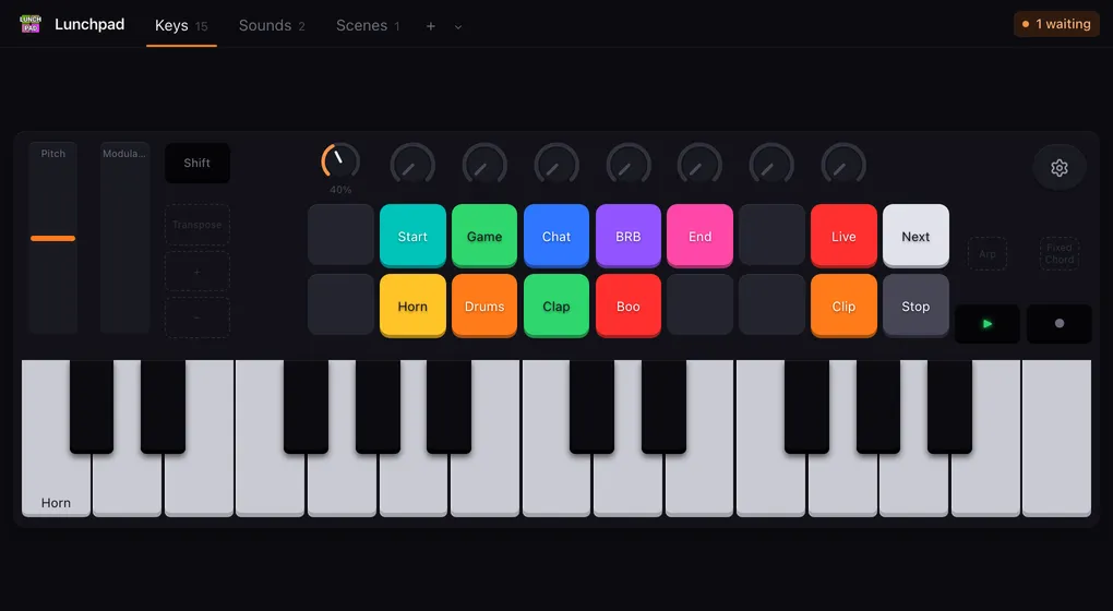A Launchkey Mini MK3 in Lunchpad: the two touch strips and Shift on the left, eight knobs across the top, sixteen pads with the two scene buttons beside them, the transport buttons, and the 25 keys along the bottom.