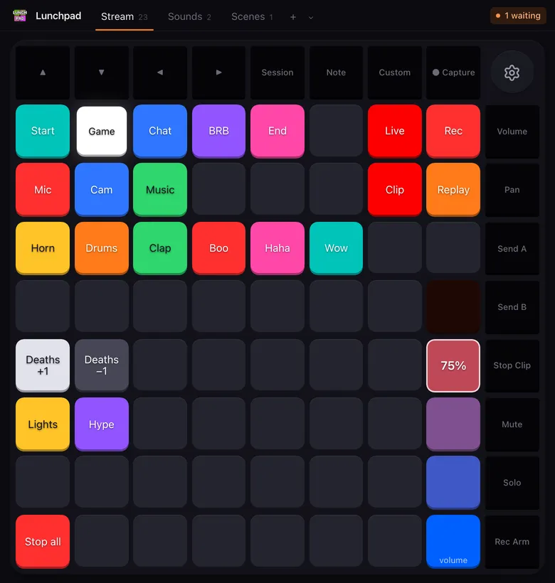 The Stream page on a Launchpad X: scene buttons in the top grid row, a sound board row below them and a volume fader on column 8.