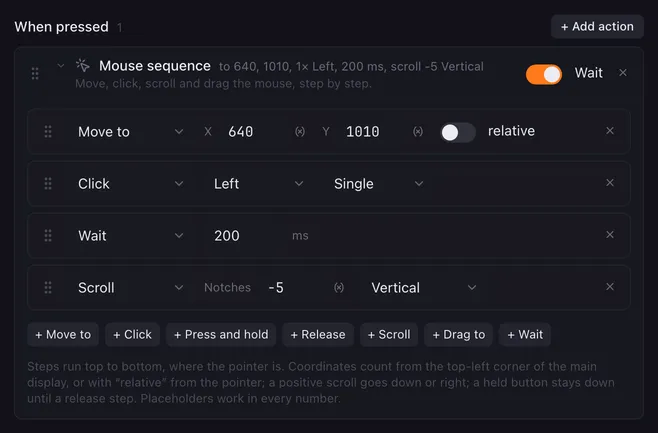 Mouse sequence with four steps: Move to 640, 1010; Click Left Single; Wait 200 ms; Scroll -5 notches Vertical.