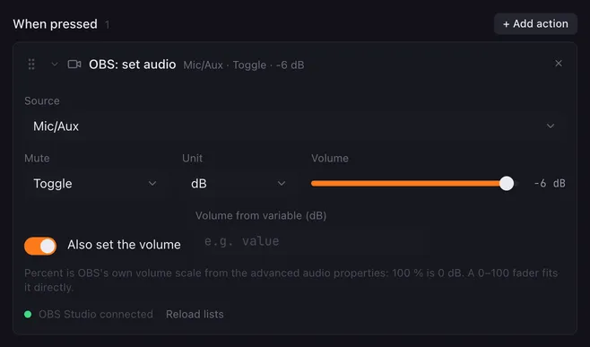 OBS: set audio for the source Mic/Aux with Mute set to Toggle, Unit dB, and Also set the volume on at −6 dB. Below the fields: OBS Studio connected.