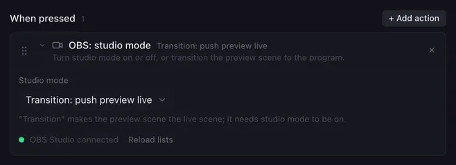 OBS: studio mode with Studio mode set to Transition: push preview live. Below: OBS Studio connected.