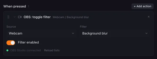 OBS: toggle filter with Source Webcam, Filter Background blur and Filter enabled switched on. Below the fields: OBS Studio connected.