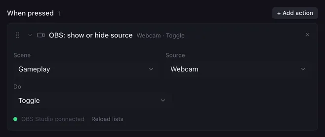 OBS: show or hide source with Scene Gameplay, Source Webcam and Do set to Toggle. Below the fields: OBS Studio connected.