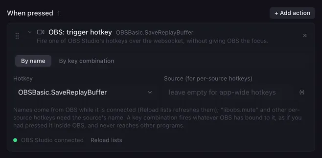 OBS: trigger hotkey set to By name, with the hotkey OBSBasic.SaveReplayBuffer picked from the list and the Source field empty.
