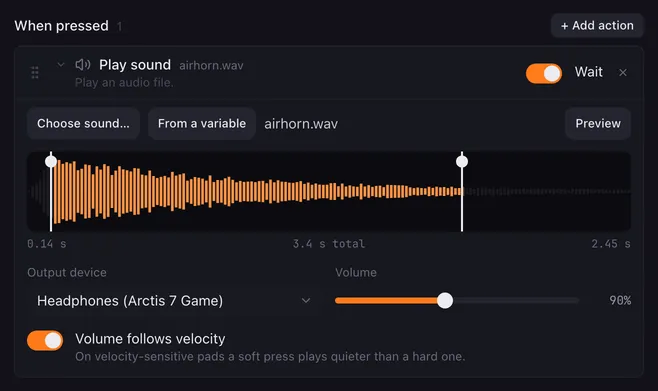 Play sound action with airhorn.wav trimmed by the two waveform handles, output device Headphones (Arctis 7 Game), volume 90 % and Volume follows velocity switched on