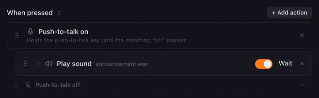 Push-to-talk on, then Play sound announcement.wav, then Push-to-talk off
