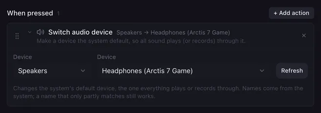 Switch audio device action with Device Speakers switching to Headphones (Arctis 7 Game), next to the Refresh button