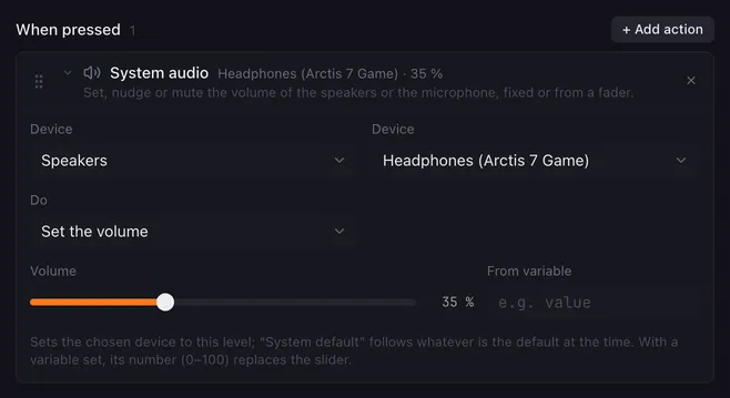 System audio action with the first Device set to Speakers, the second Device set to Headphones (Arctis 7 Game), Do set to Set the volume and the level at 35 %
