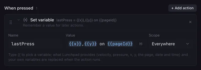 Set variable: the name lastPress gets the value {{x}},{{y}} on {{pageId}}, with the scope Everywhere.
