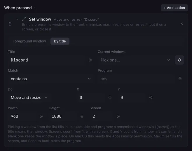 Set window set to By title, looking for a title that contains Discord, doing Move and resize to X 0, Y 0, Width 960, Height 1080 on Screen 2. The Current windows list offers the open windows.