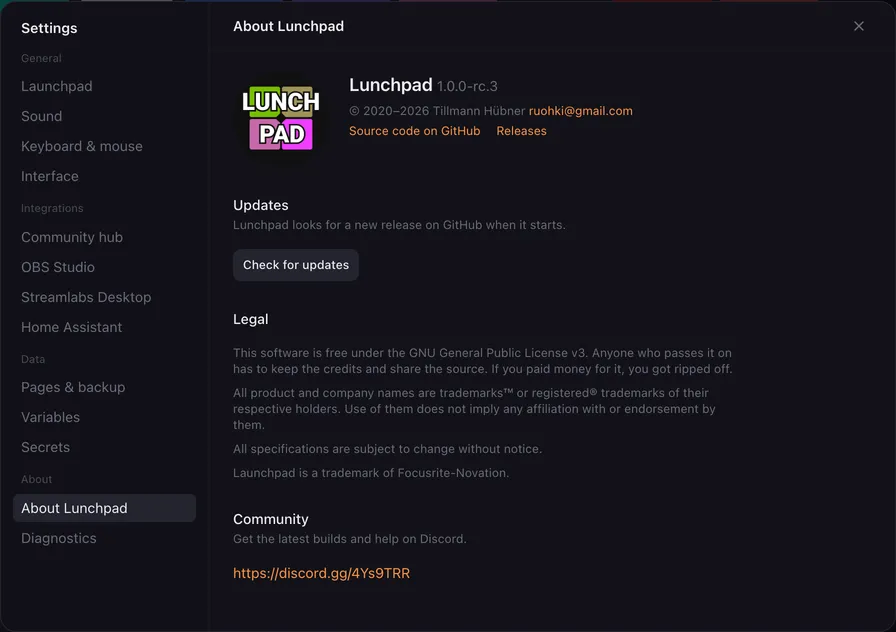 The About Lunchpad settings tab.