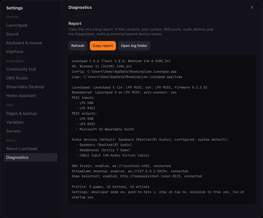 The Diagnostics settings tab.