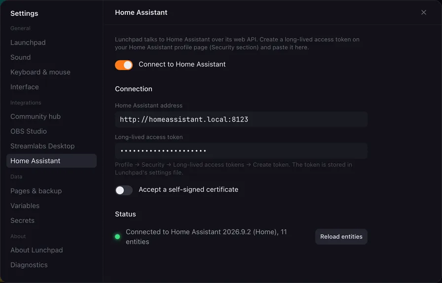 The Home Assistant tab of the settings: Connect to Home Assistant switched on, the address http://homeassistant.local:8123, a hidden access token, Accept a self-signed certificate off, and the status Connected to Home Assistant 2026.9.2 (Home), 11 entities