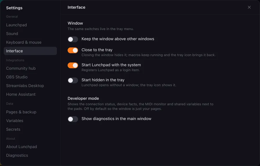The Interface settings tab.