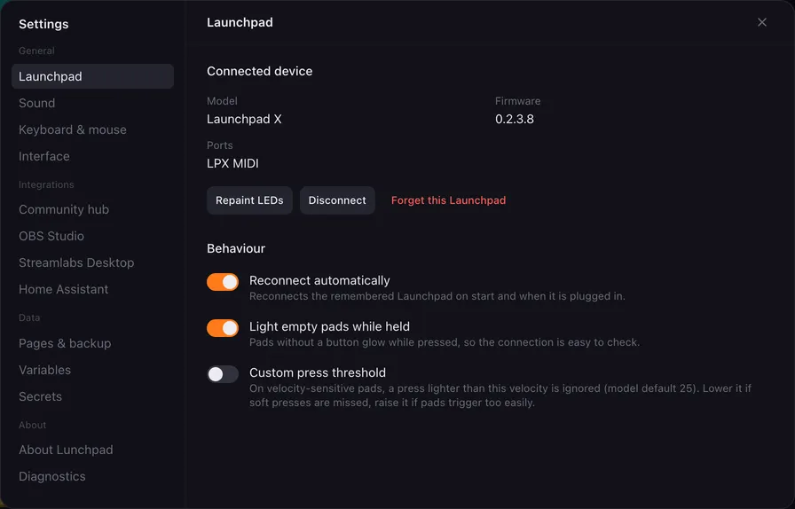 The Launchpad settings tab.