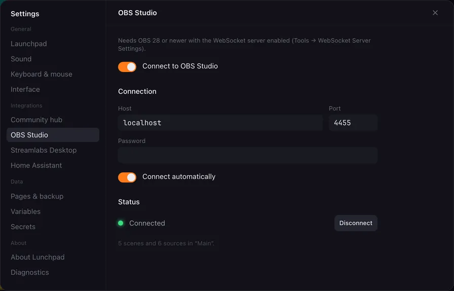 The OBS Studio settings tab.