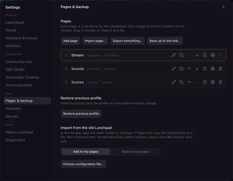 The Pages & backup settings tab.