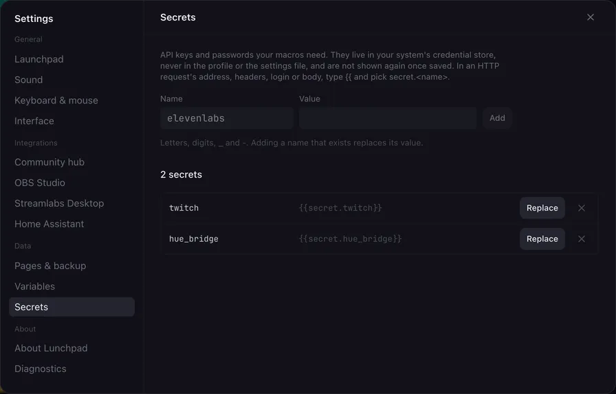 The Secrets settings tab: a Name and a masked Value field with an Add button, and a list of two secrets, each showing the placeholder to use and a Replace button.