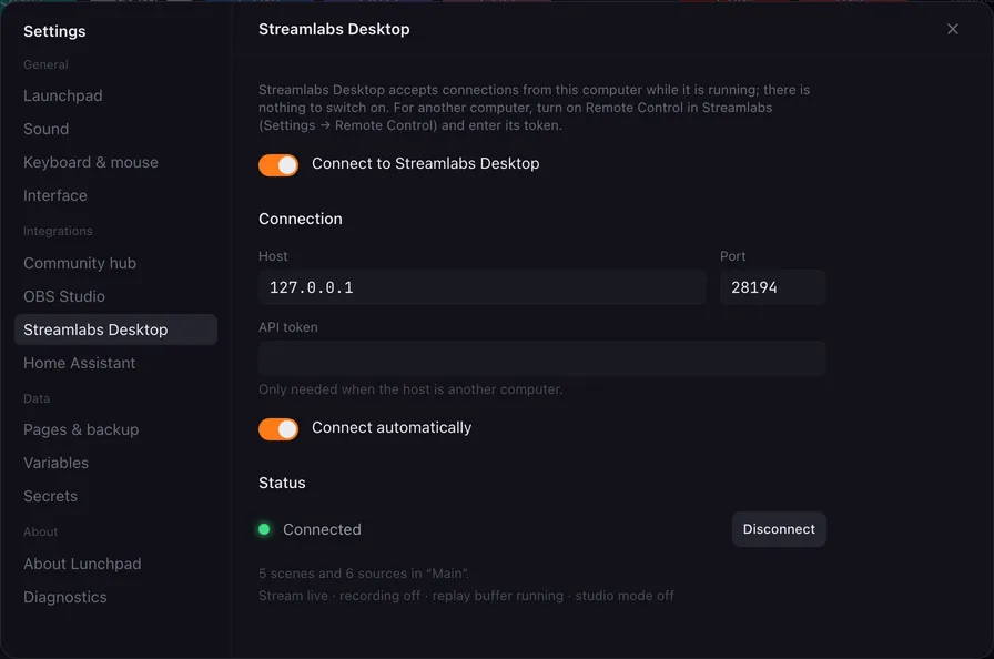 The Streamlabs Desktop settings tab.