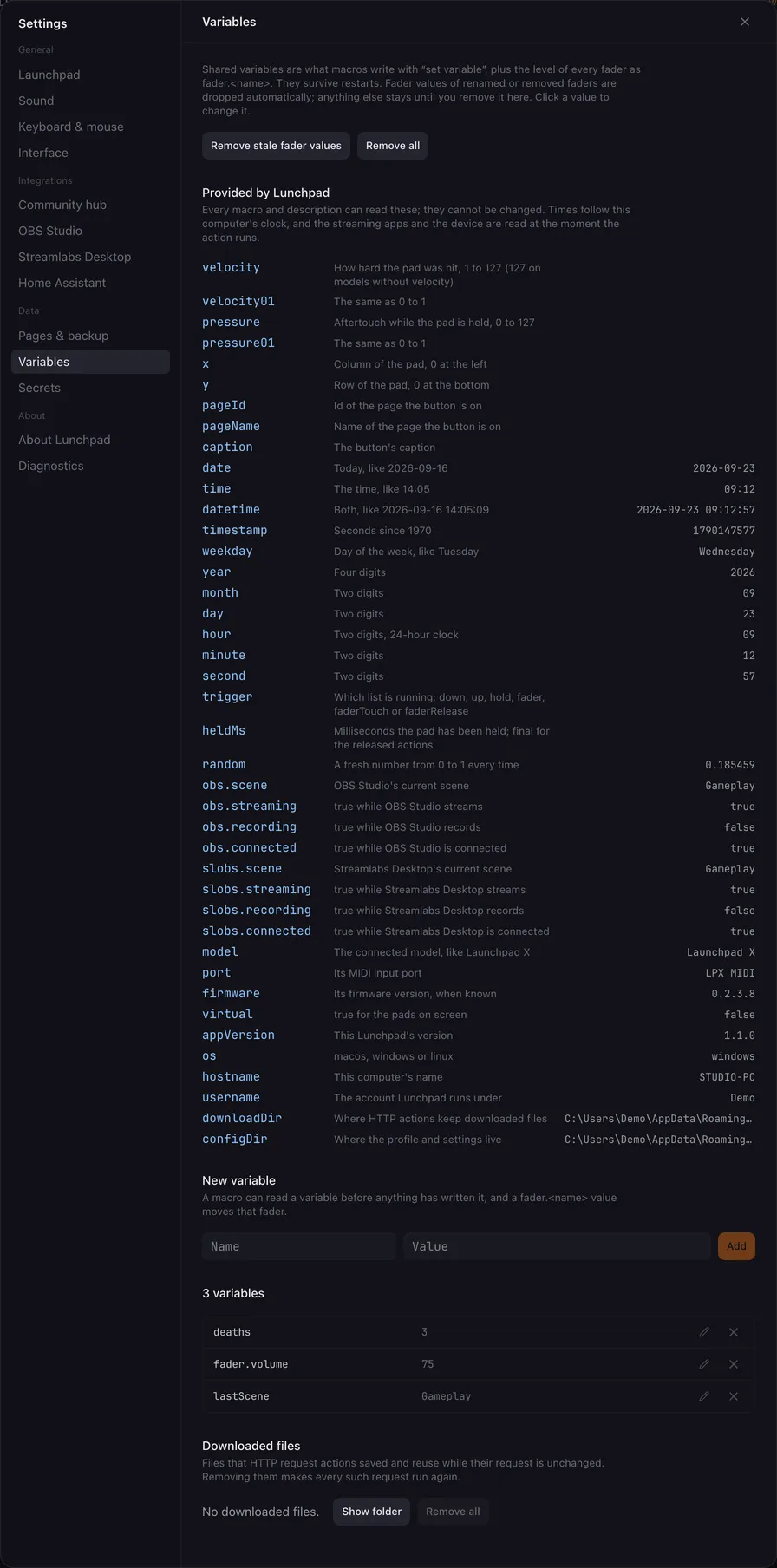 The Variables settings tab: buttons to remove stale fader values and all variables, and a list of shared variables with their values.