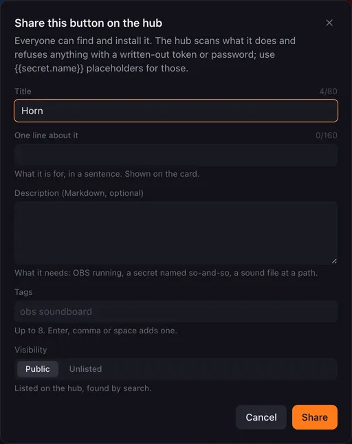 The Share this button on the hub dialog: Title, One line about it, a Markdown description, tags, and a Public or Unlisted choice, with a note that the hub refuses anything with a written-out token or password.