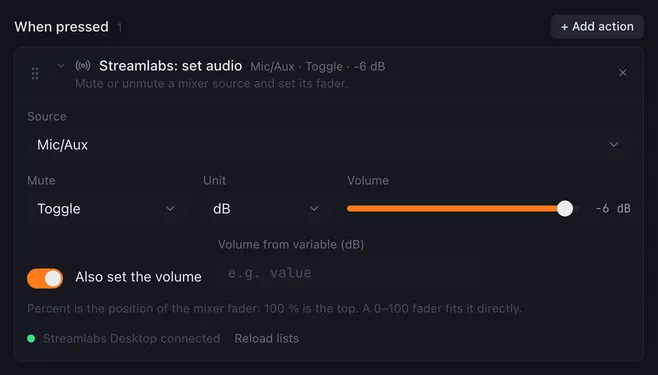 Streamlabs: set audio for the source Mic/Aux with Mute set to Toggle, Unit dB, and Also set the volume on at −6 dB. Below the fields: Streamlabs Desktop connected.