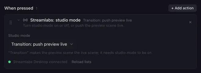 Streamlabs: studio mode with Studio mode set to Transition: push preview live. Below: Streamlabs Desktop connected.