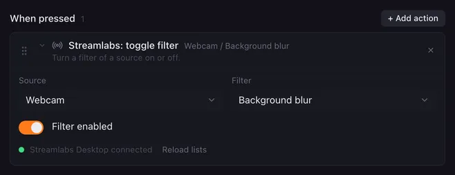 Streamlabs: toggle filter with Source Webcam, Filter Background blur and Filter enabled switched on. Below the fields: Streamlabs Desktop connected.