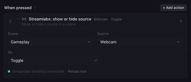 Streamlabs: show or hide source with Scene Gameplay, Source Webcam and Do set to Toggle. Below the fields: Streamlabs Desktop connected.